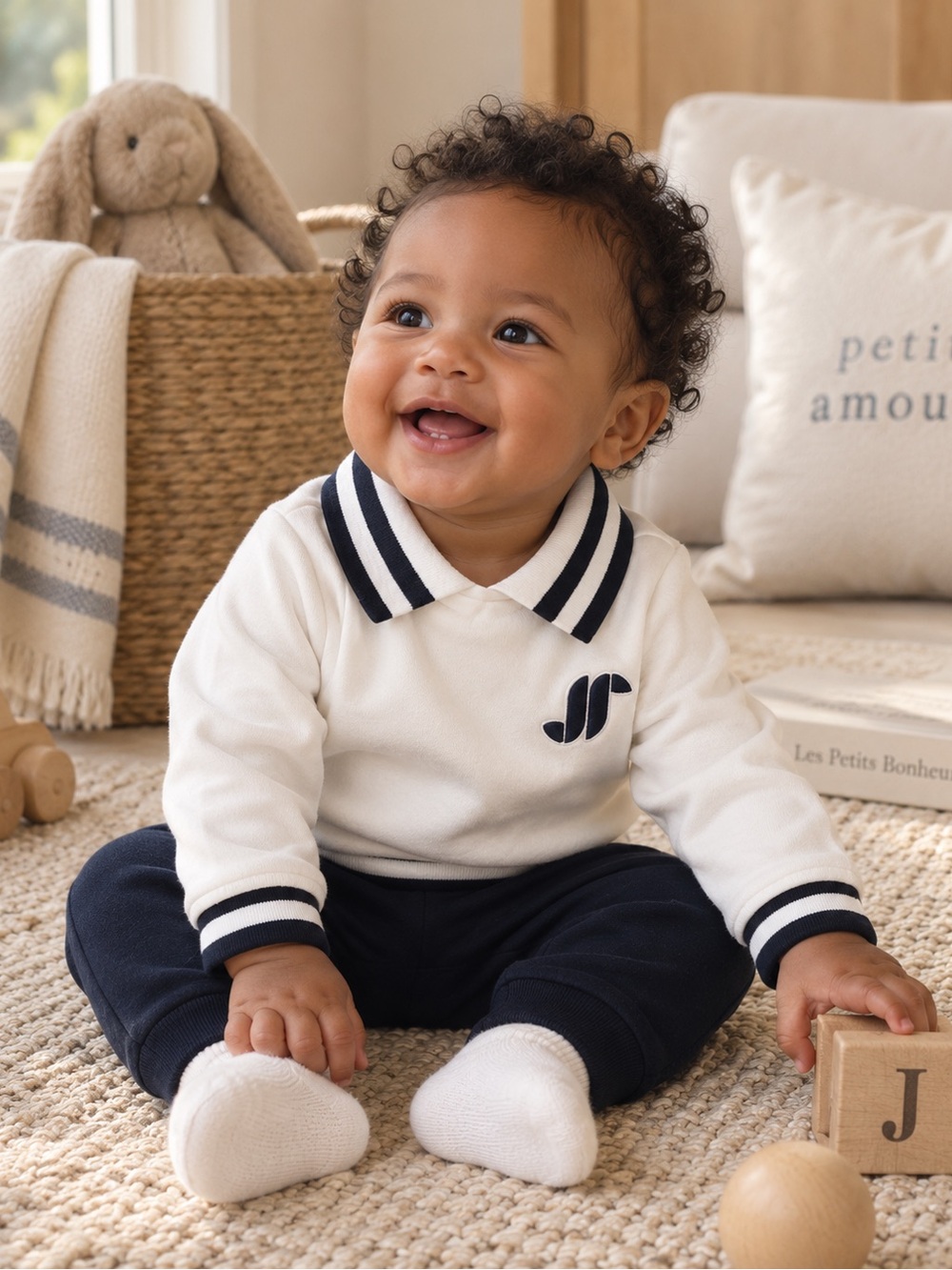 Jacadi Paris Baby Boy Navy & Cream 2-Piece Outfit Set – 6M / 67cm
